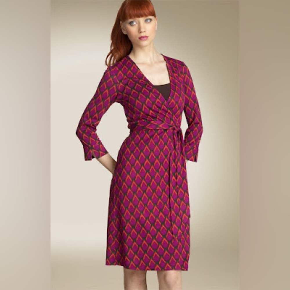 Diane Von Furstenberg Magenta and Gold Geometric Wrap Midi Dress